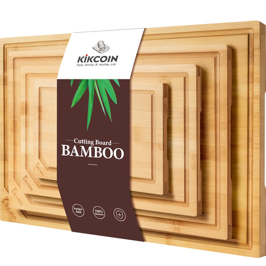 Kikcoin Bamboo Cutting Board Four-Piece Heavy Duty with Juice Groove