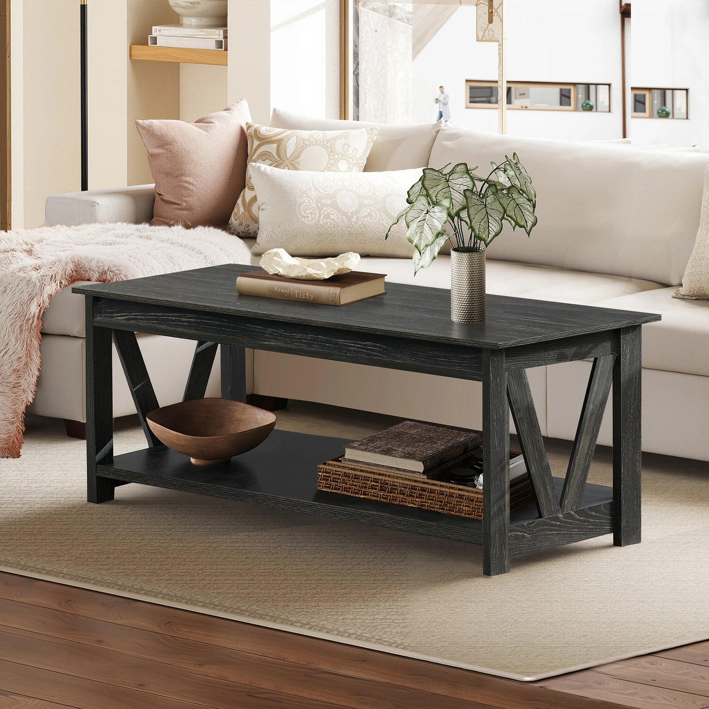 GALAXHERO Coffee Table With Storage Shelf And V Shape Support
