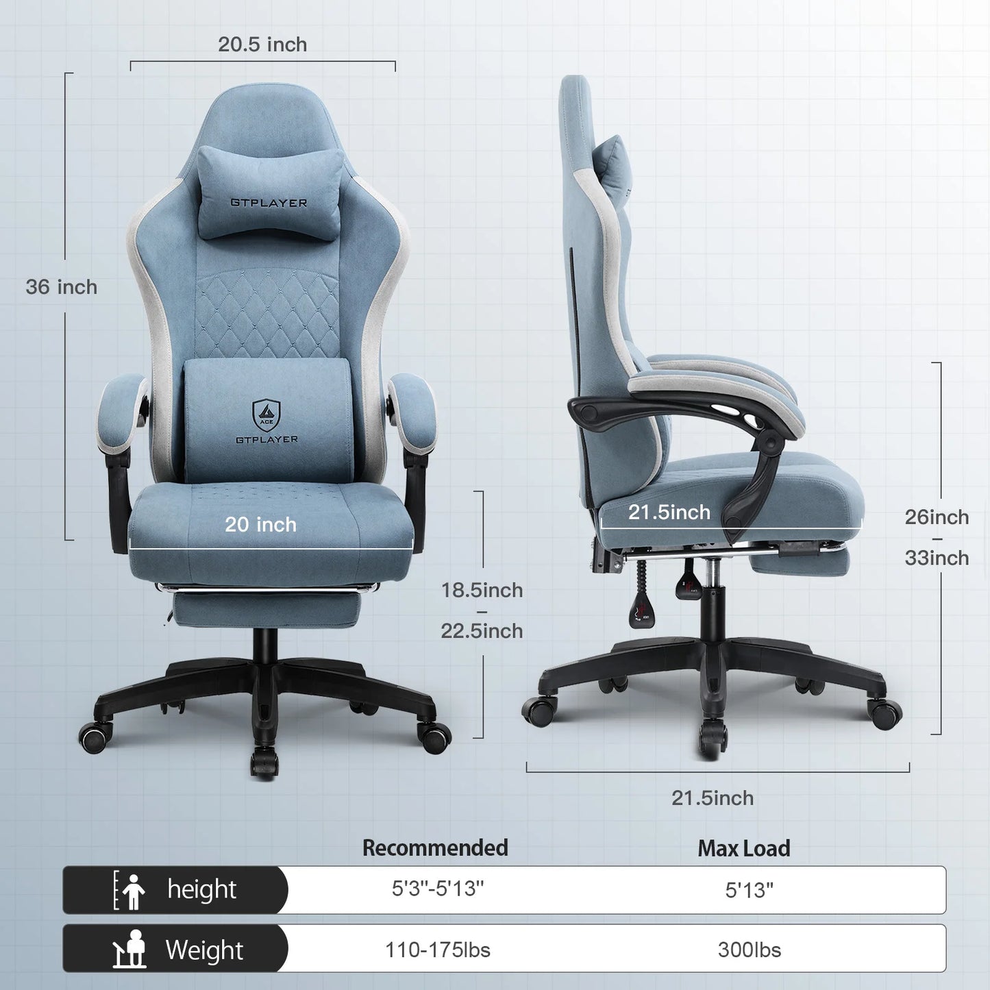 GTPLAYER Ergonomic Gaming Chair With Fabric Upholstery And Armrests
