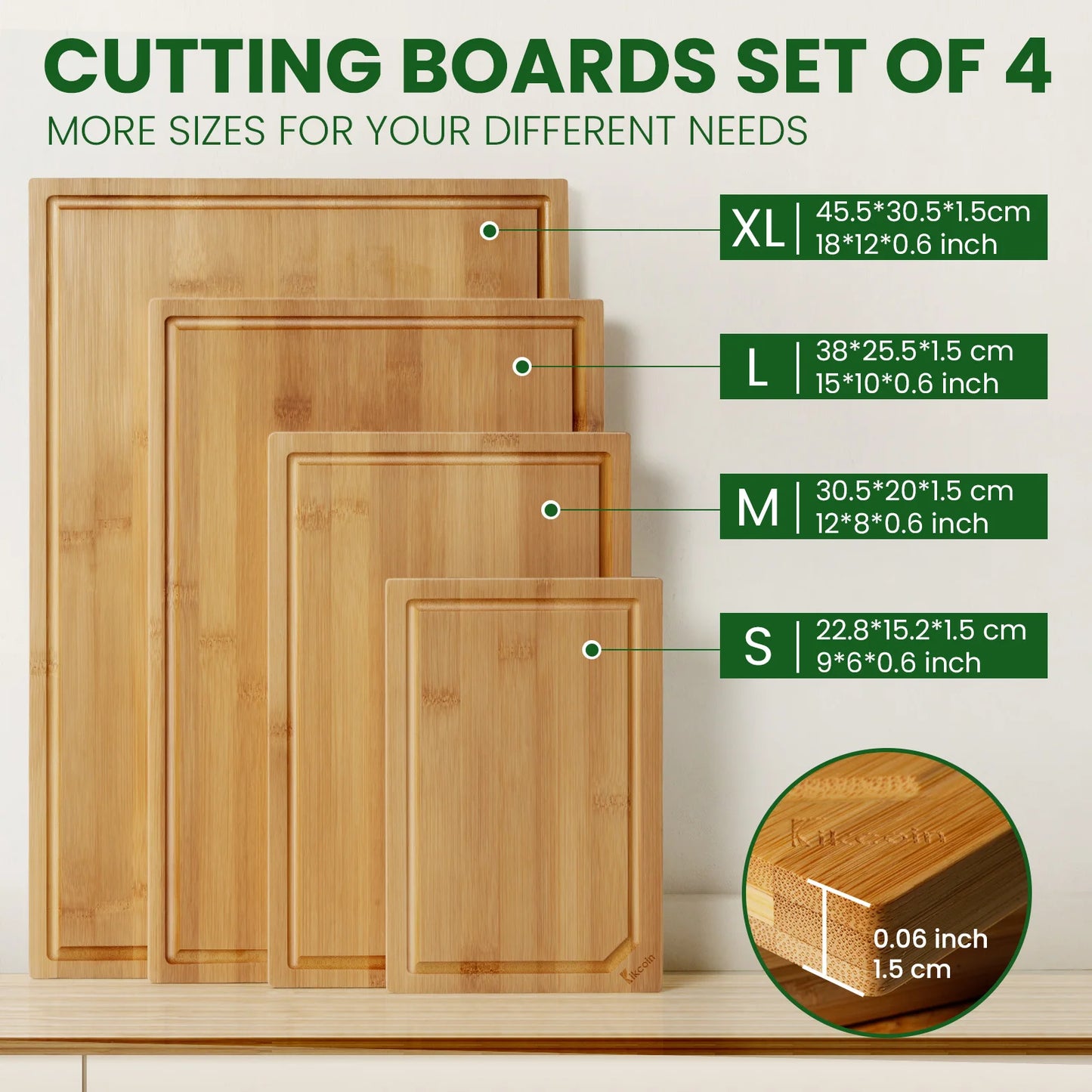 Kikcoin Bamboo Cutting Board Four-Piece Heavy Duty with Juice Groove