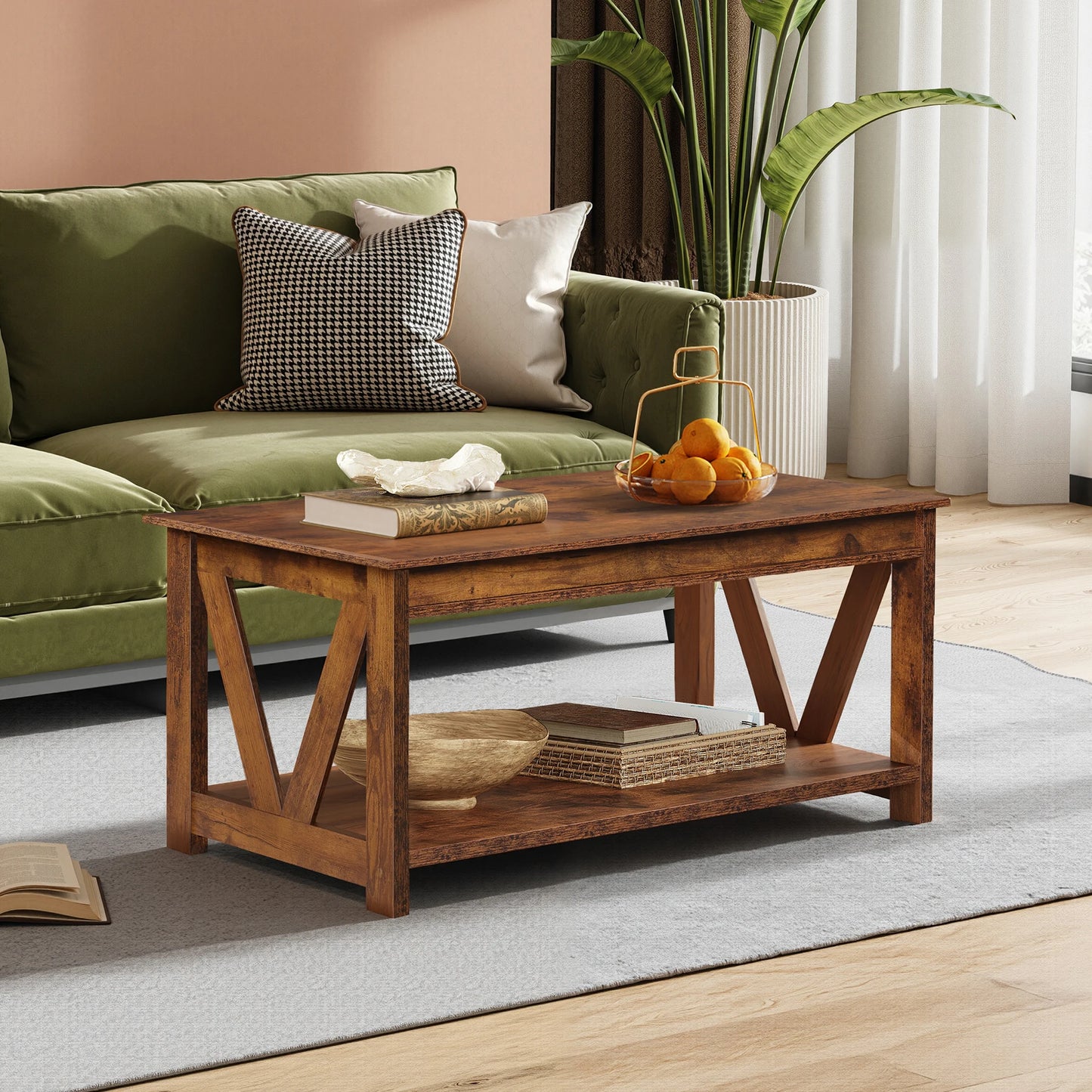 GALAXHERO Coffee Table With Storage Shelf And V Shape Support