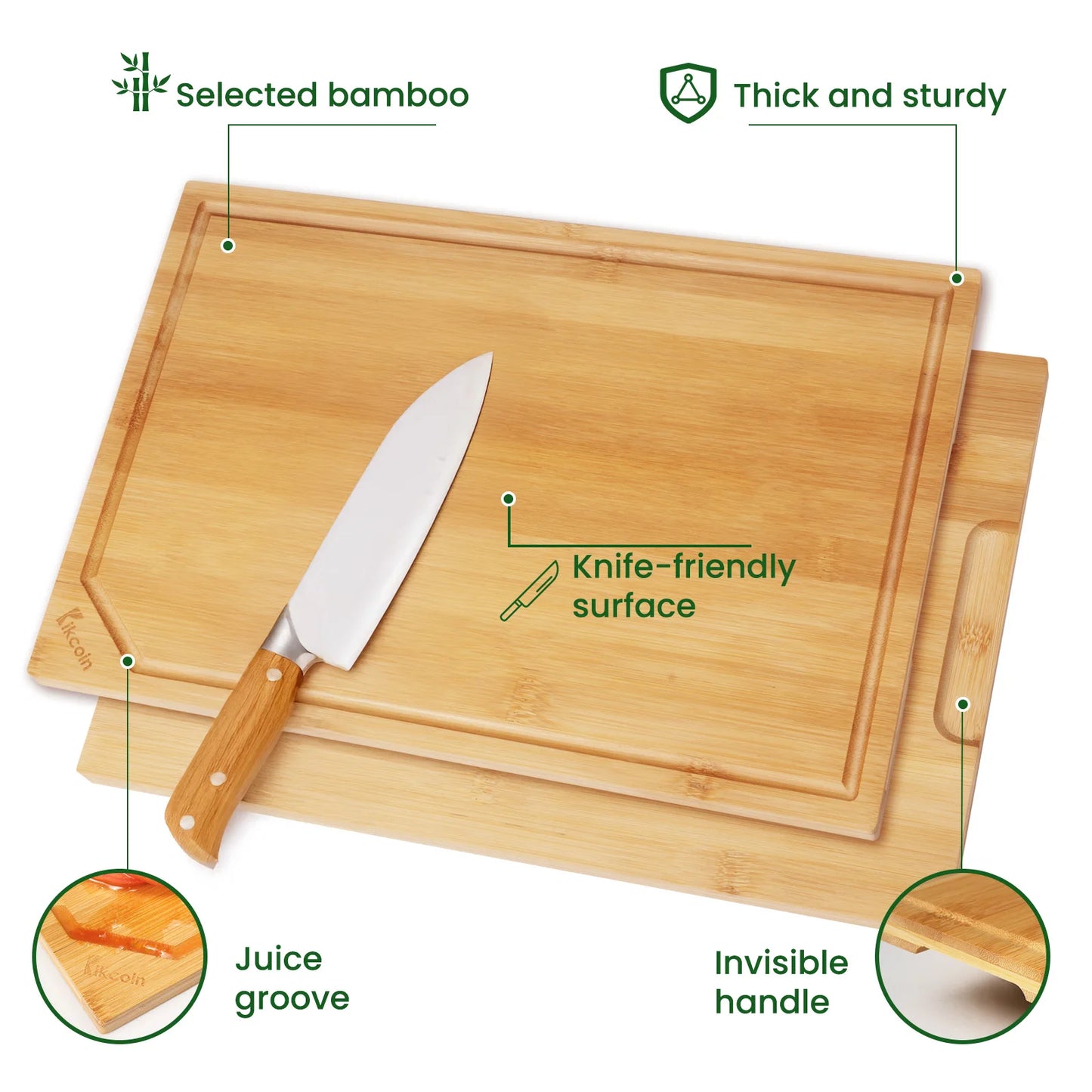 Kikcoin Bamboo Cutting Board Four-Piece Heavy Duty with Juice Groove