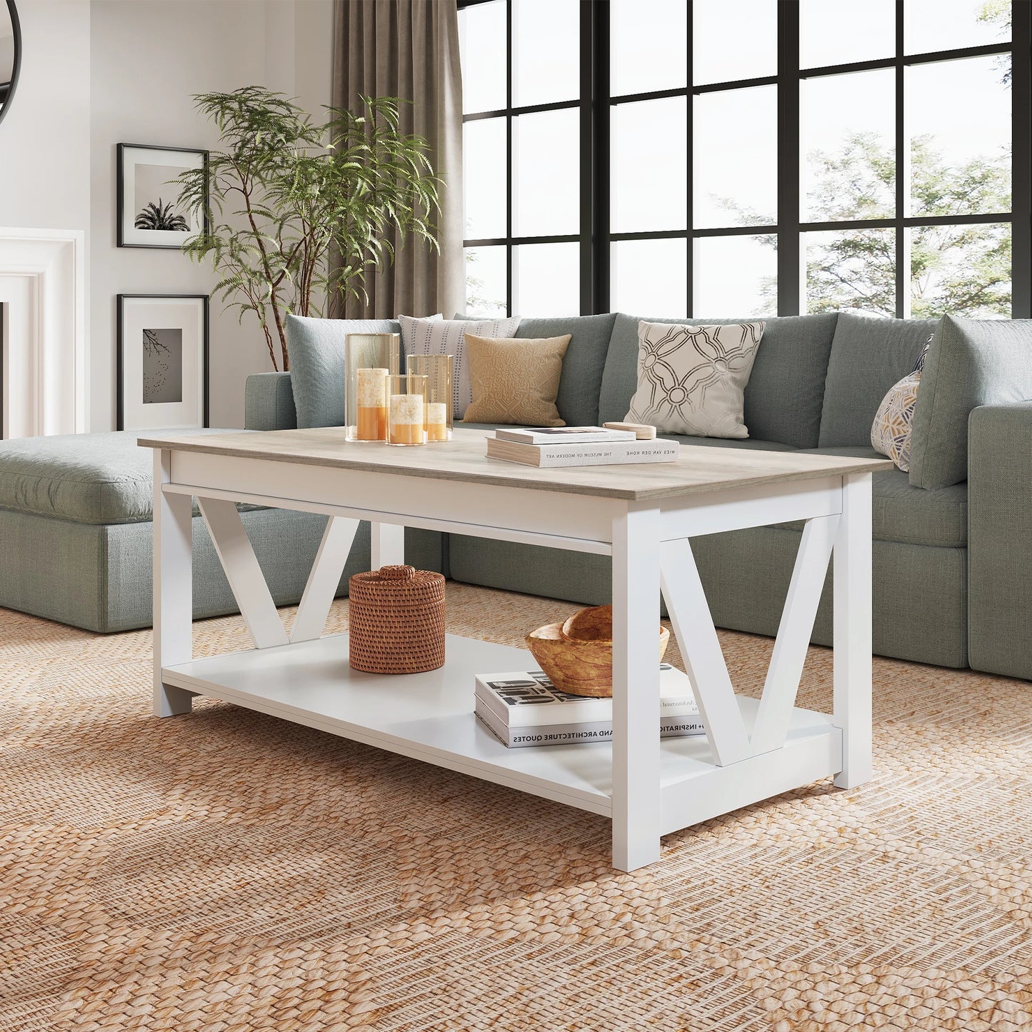 GALAXHERO Coffee Table With Storage Shelf And V Shape Support