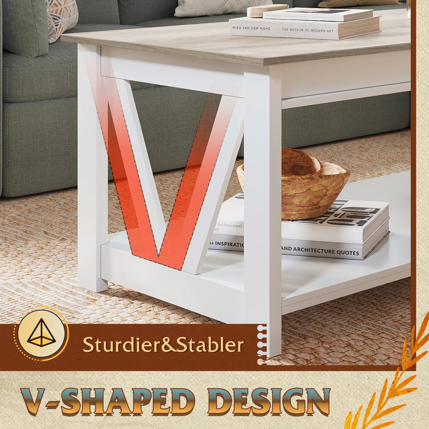 GALAXHERO Coffee Table With Storage Shelf And V Shape Support