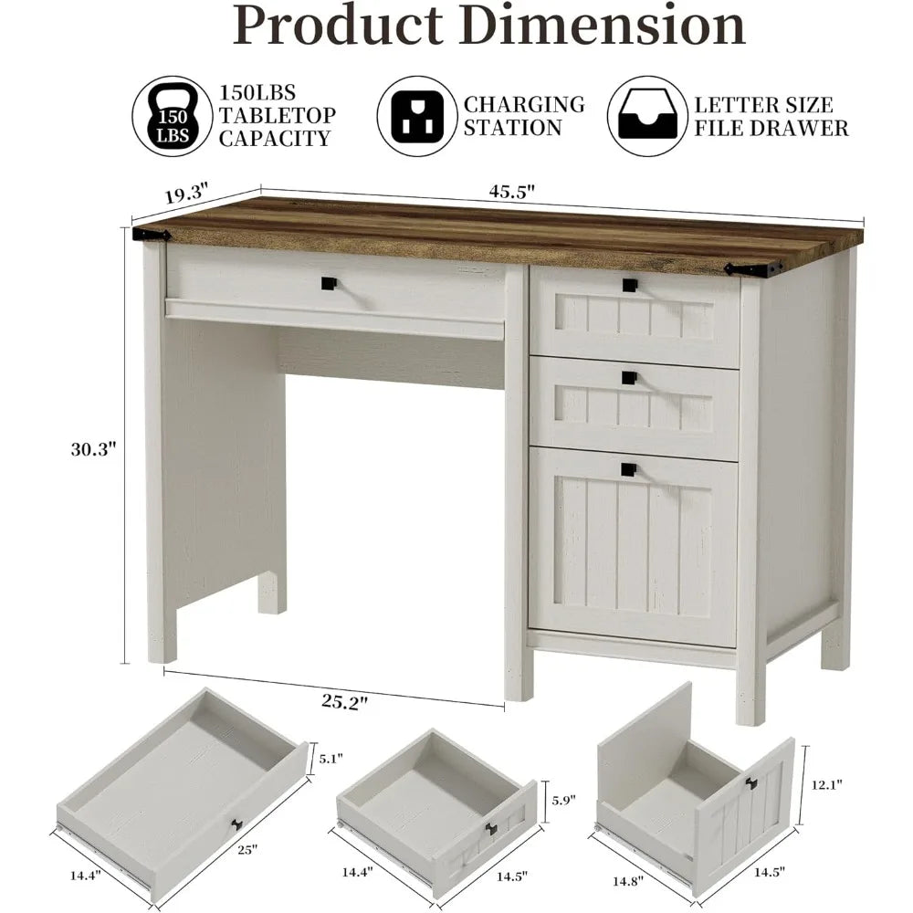 Executive Farmhouse Computer Desk With Drawers And Cabinet