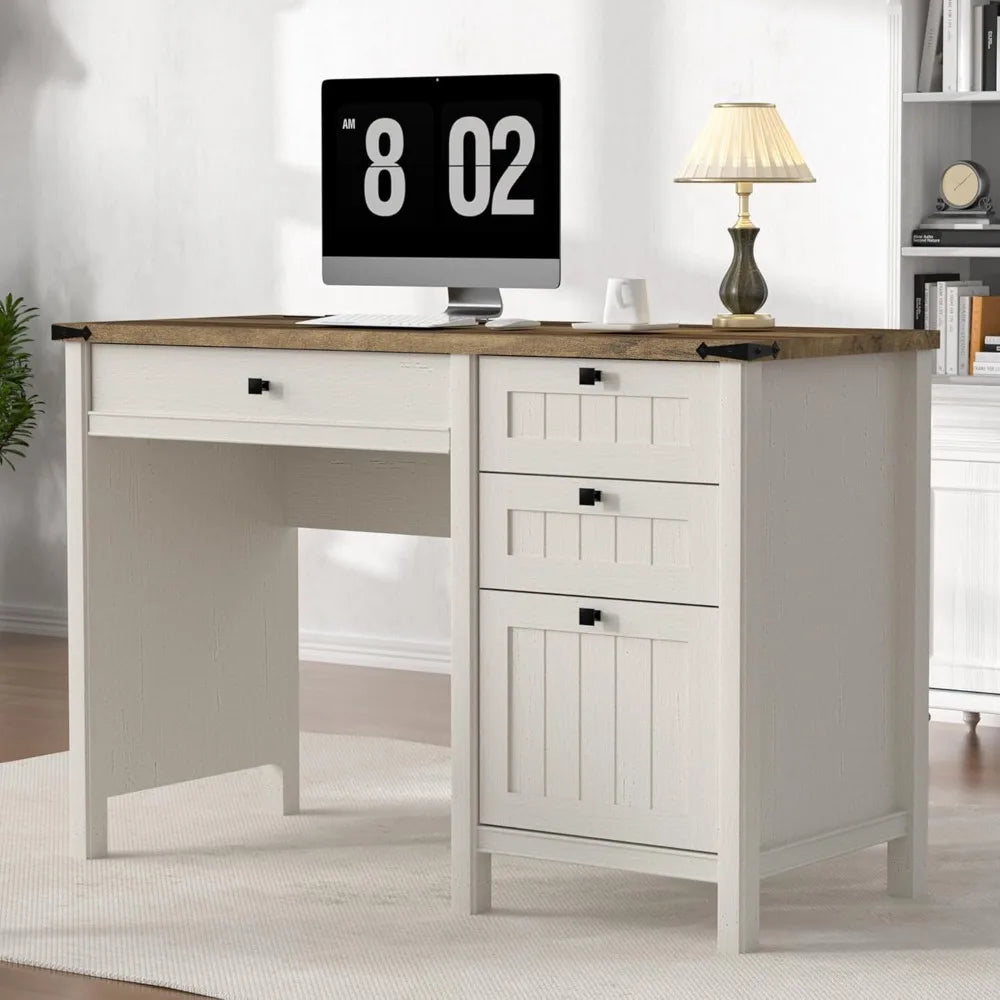 Executive Farmhouse Computer Desk With Drawers And Cabinet