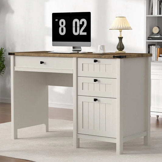 Executive Farmhouse Computer Desk With Drawers And Cabinet