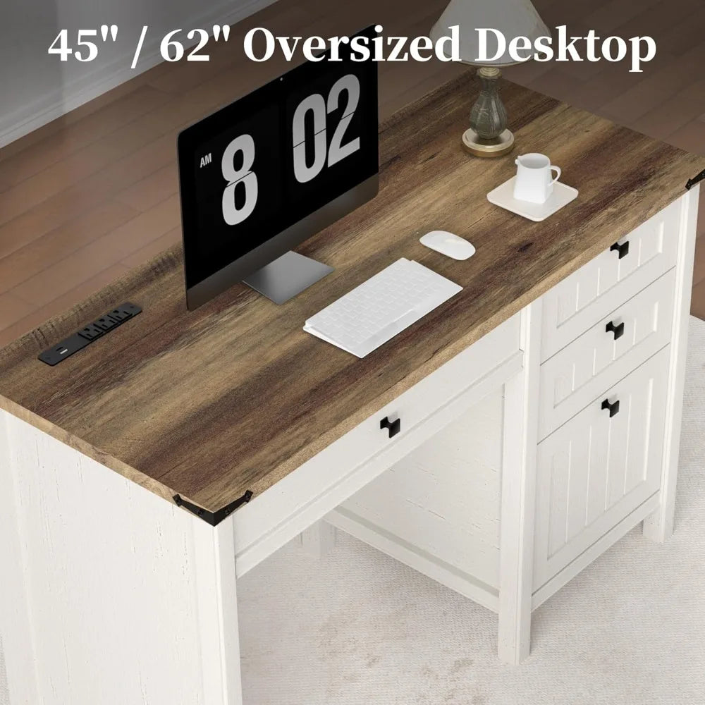 Executive Farmhouse Computer Desk With Drawers And Cabinet
