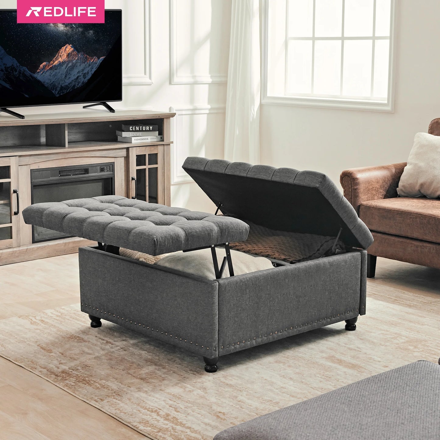 Redlife Storage Ottoman Bench Lift Top Upholstered Tufted Fabric For Living Room