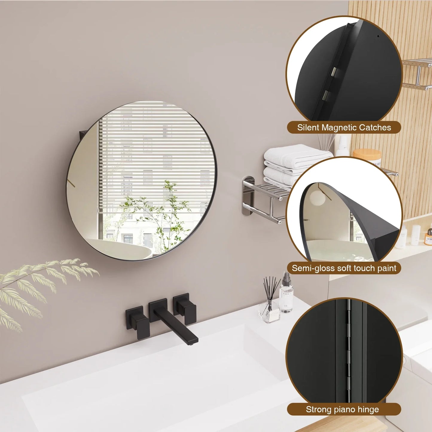Hign-concerned Round Wall-Mounted Mirror Cabinet With Adjustable Shelf
