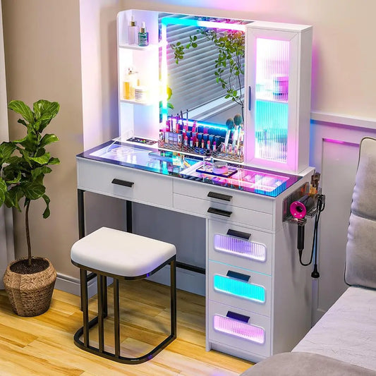 Vanity with Mirror and LED Lights, Glass Top Vanity Desk with Charging Station(Wireless+USB+Type-C), RGB Makeup Table,Customized