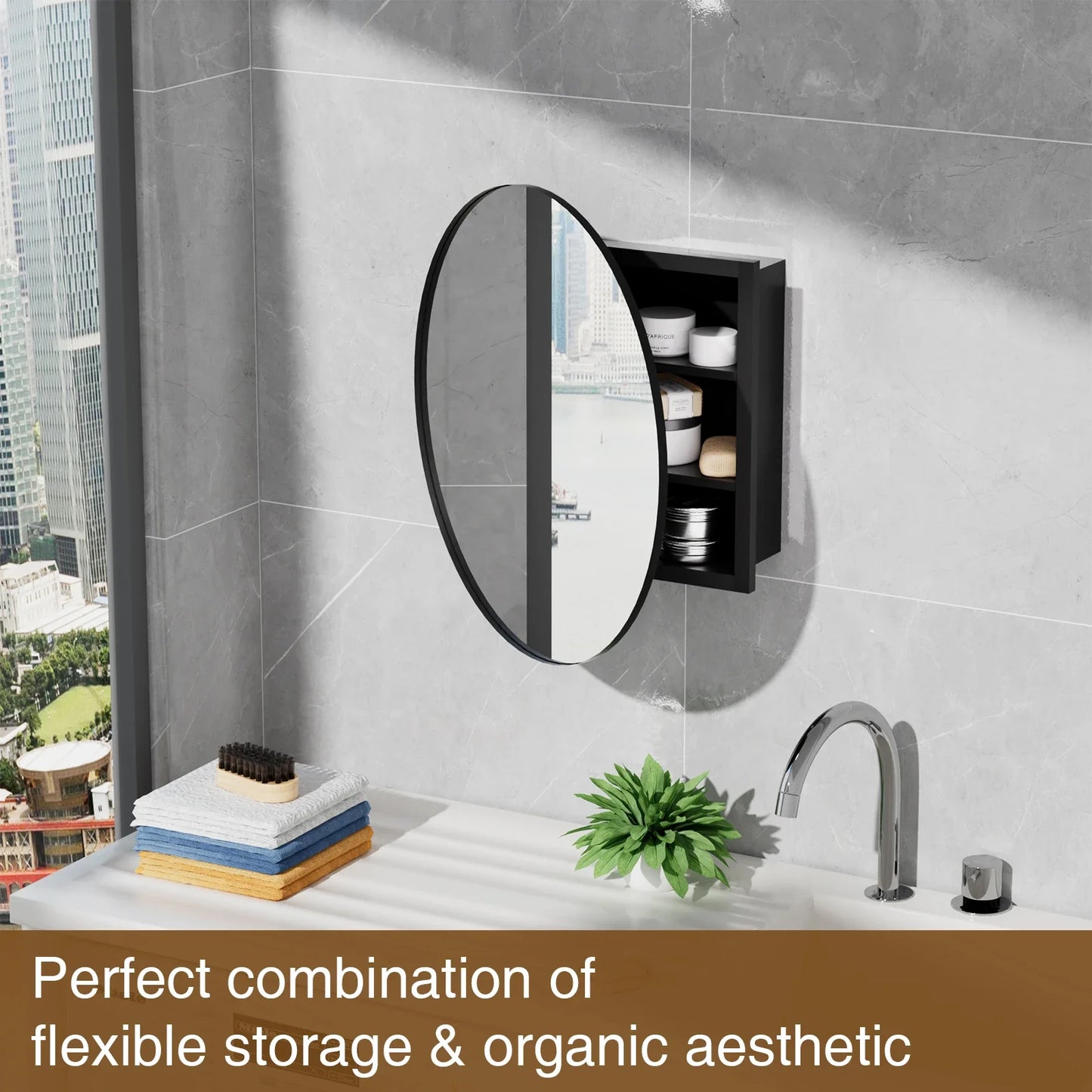 Hign-concerned Round Wall-Mounted Mirror Cabinet With Adjustable Shelf