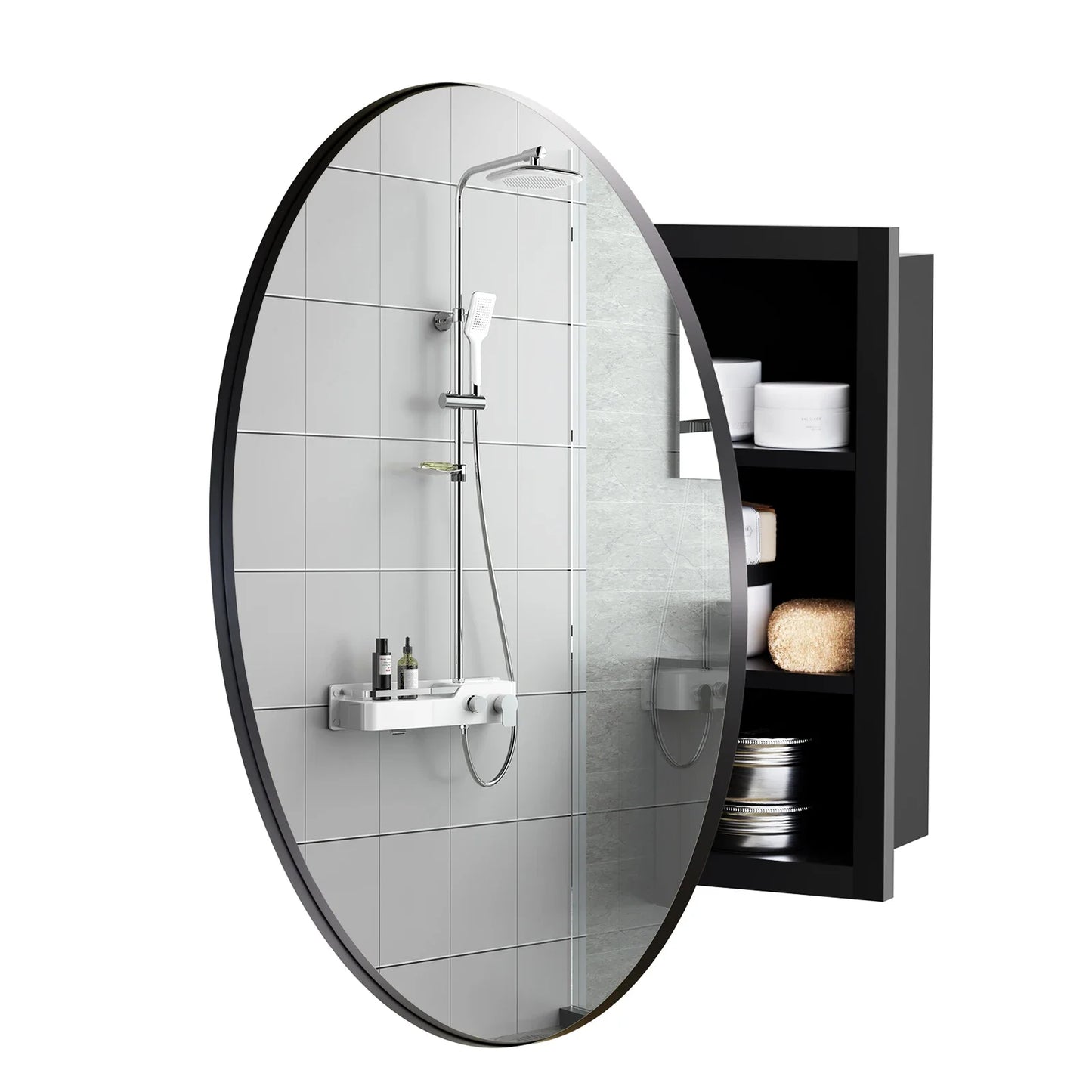 Hign-concerned Round Wall-Mounted Mirror Cabinet With Adjustable Shelf