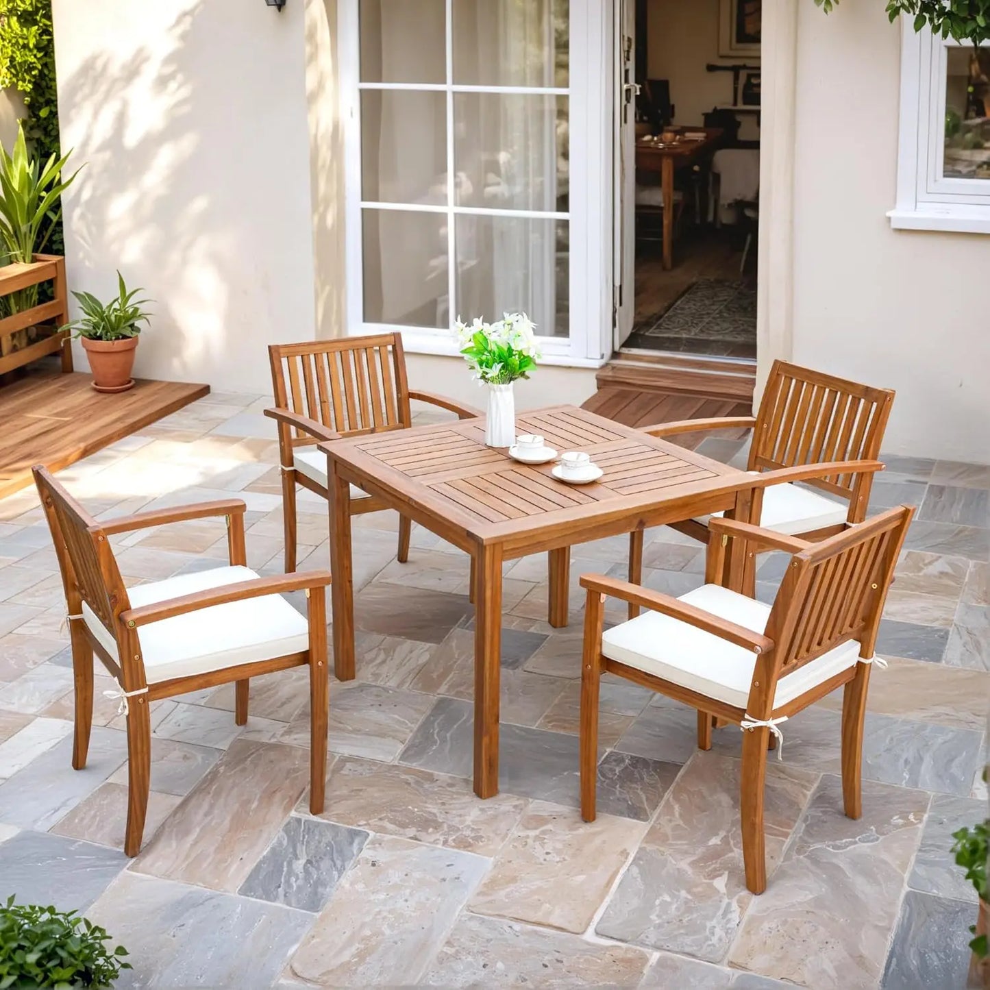 XMSJ Five Piece Outdoor Dining Set Acacia Wood Cushions