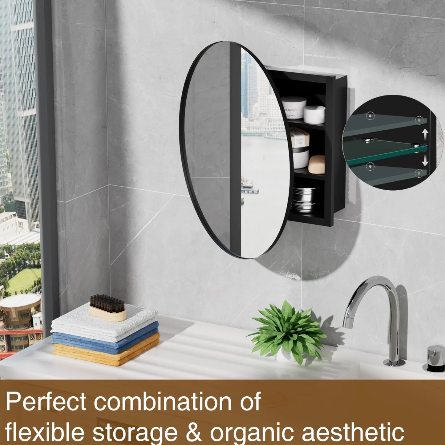 Hign-concerned Round Wall-Mounted Mirror Cabinet With Adjustable Shelf