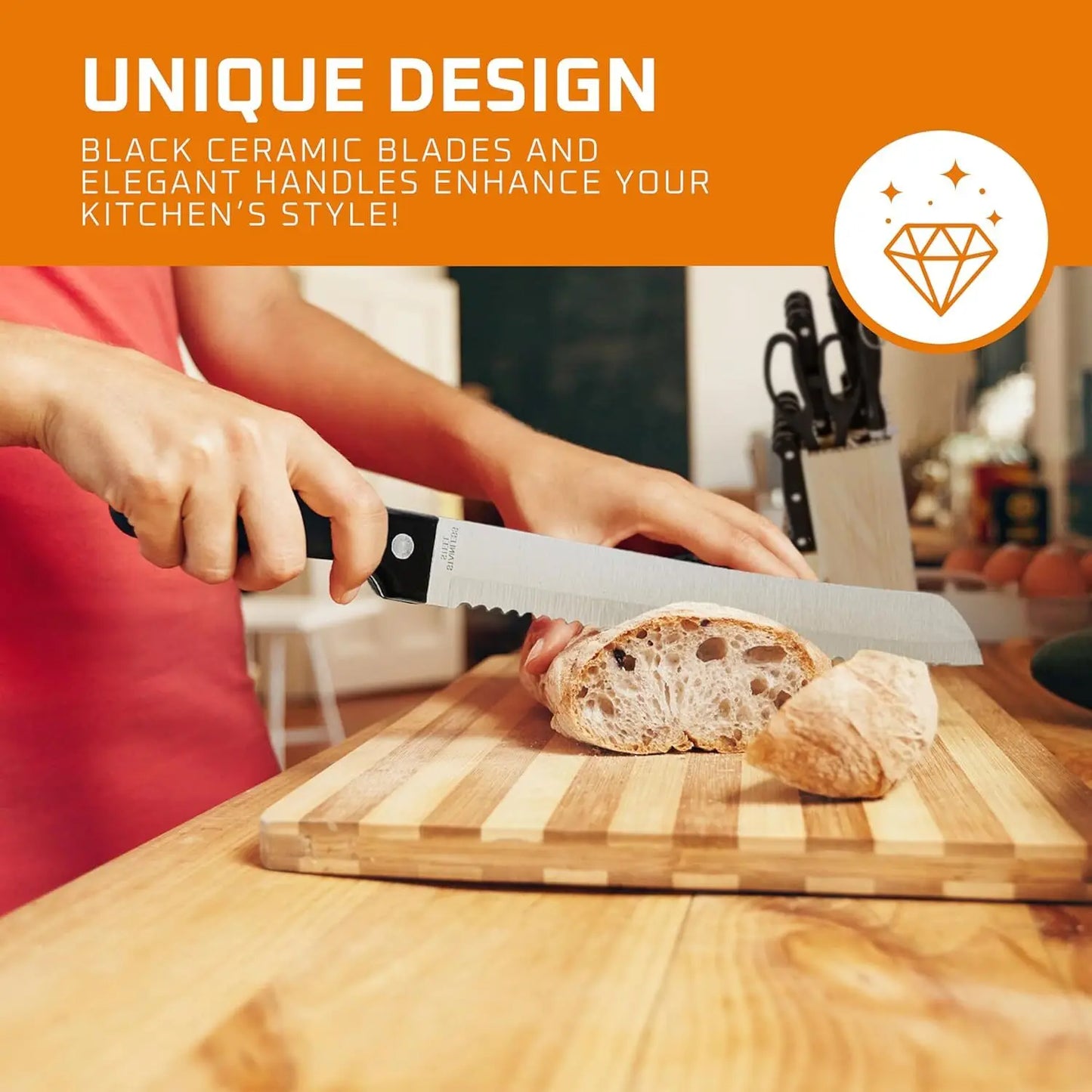 ZENG ErgonomicDesign Kitchen Knife Set With SolidWood Block Holder PremiumGradePro