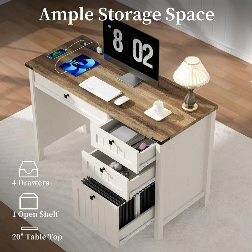 Executive Farmhouse Computer Desk With Drawers And Cabinet