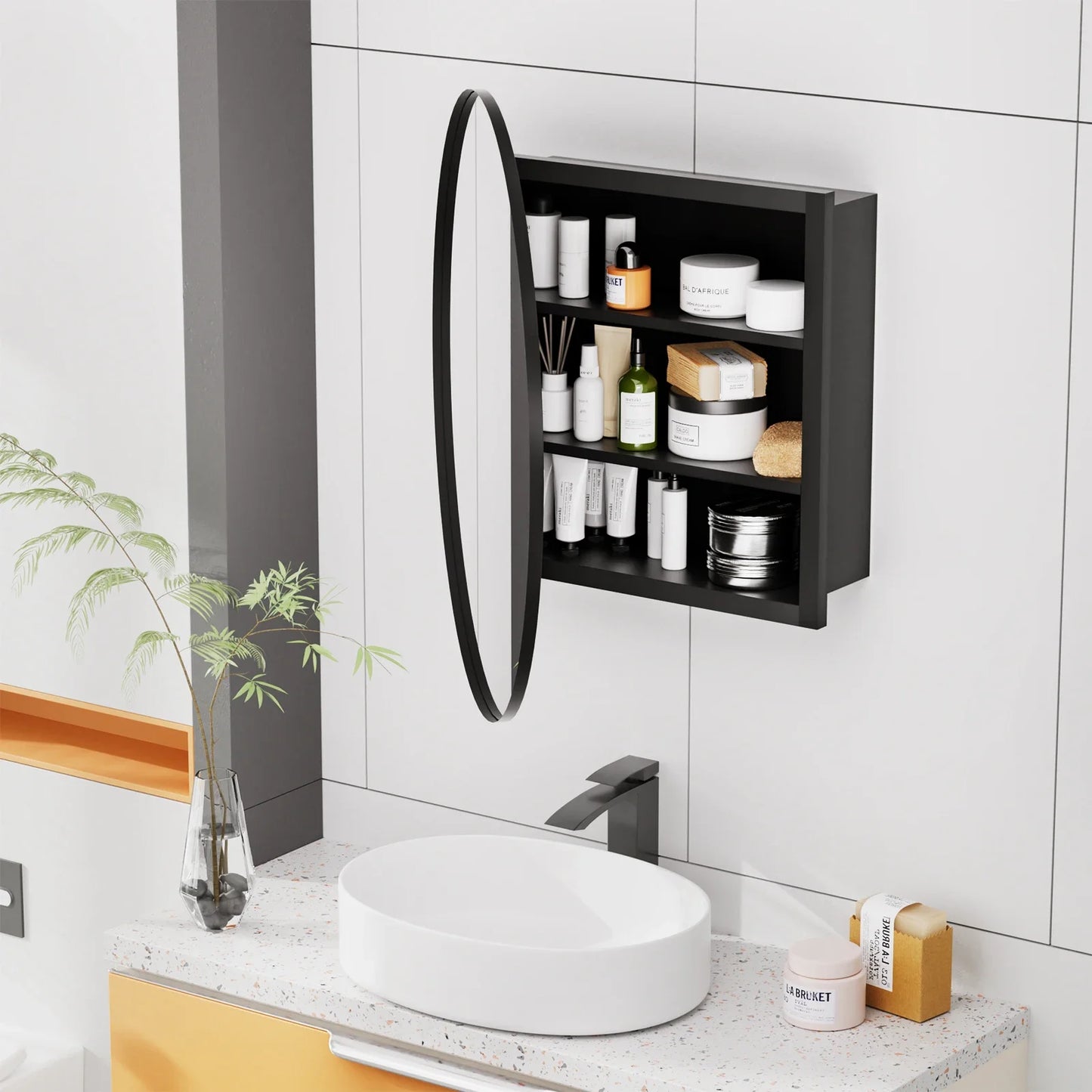 Hign-concerned Round Wall-Mounted Mirror Cabinet With Adjustable Shelf